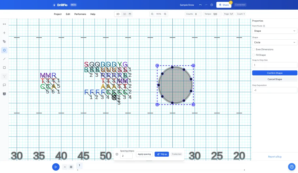 The Circle shape tool in the left toolbar and the shape options in the right panel