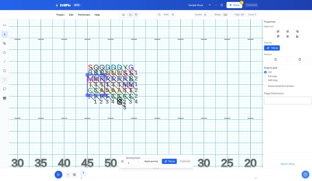 Dragging a selection box around a group of performers