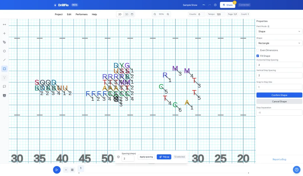 A rectangle drawn on the field with preview dots on a grid
